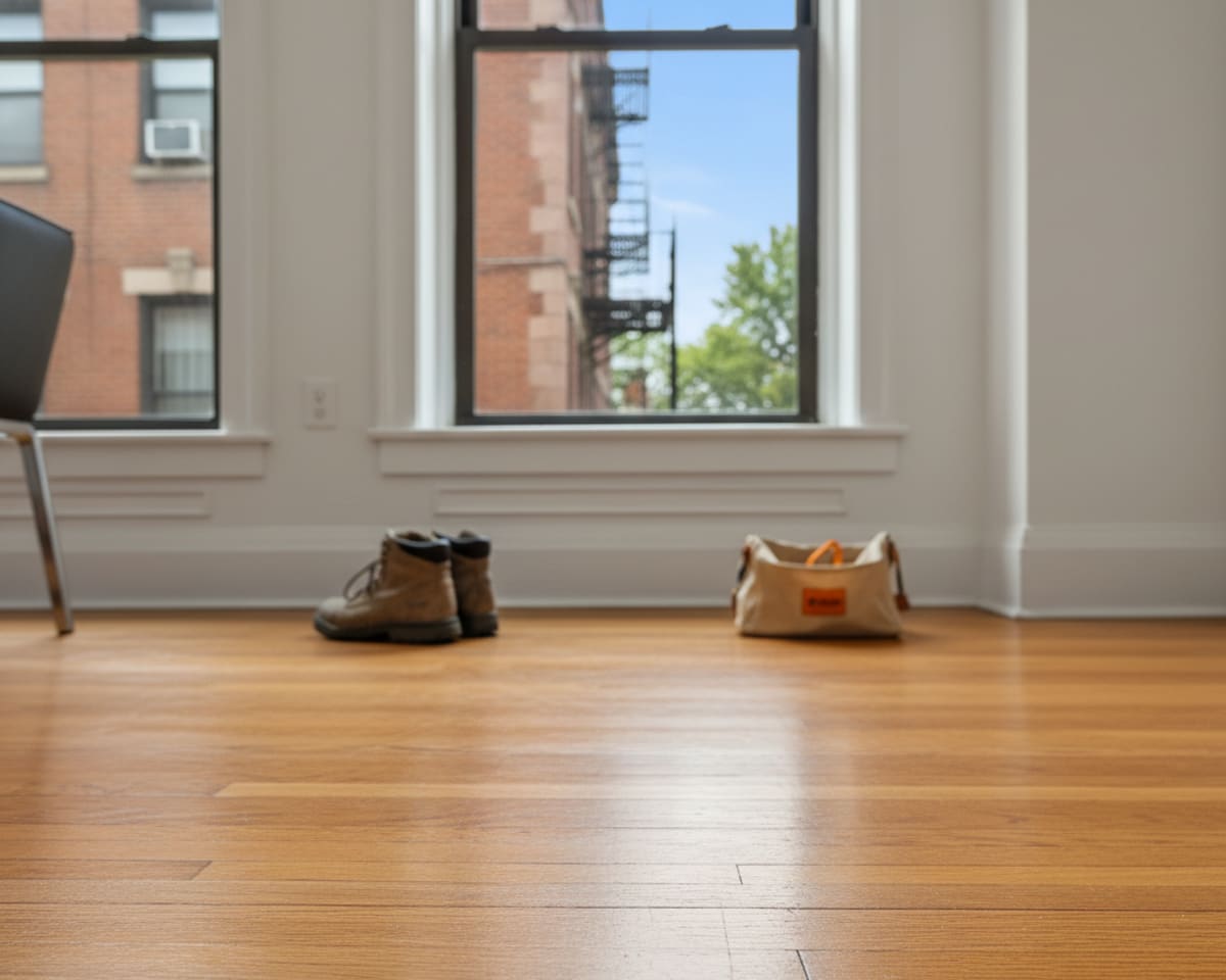 Close-up of a beautifully repaired hardwood floor, showing restored grain and luxury finish.