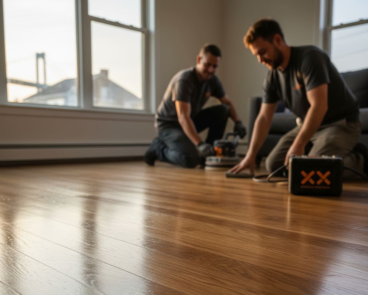 Team of flooring specialists working on hardwood floor repair in a Staten Island residence.