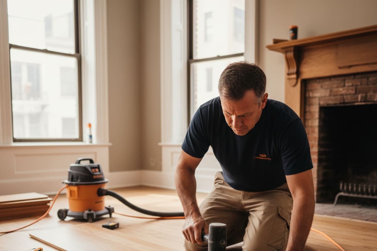 Close-up of a craftsman carefully installing hardwood planks during a floor installation project.