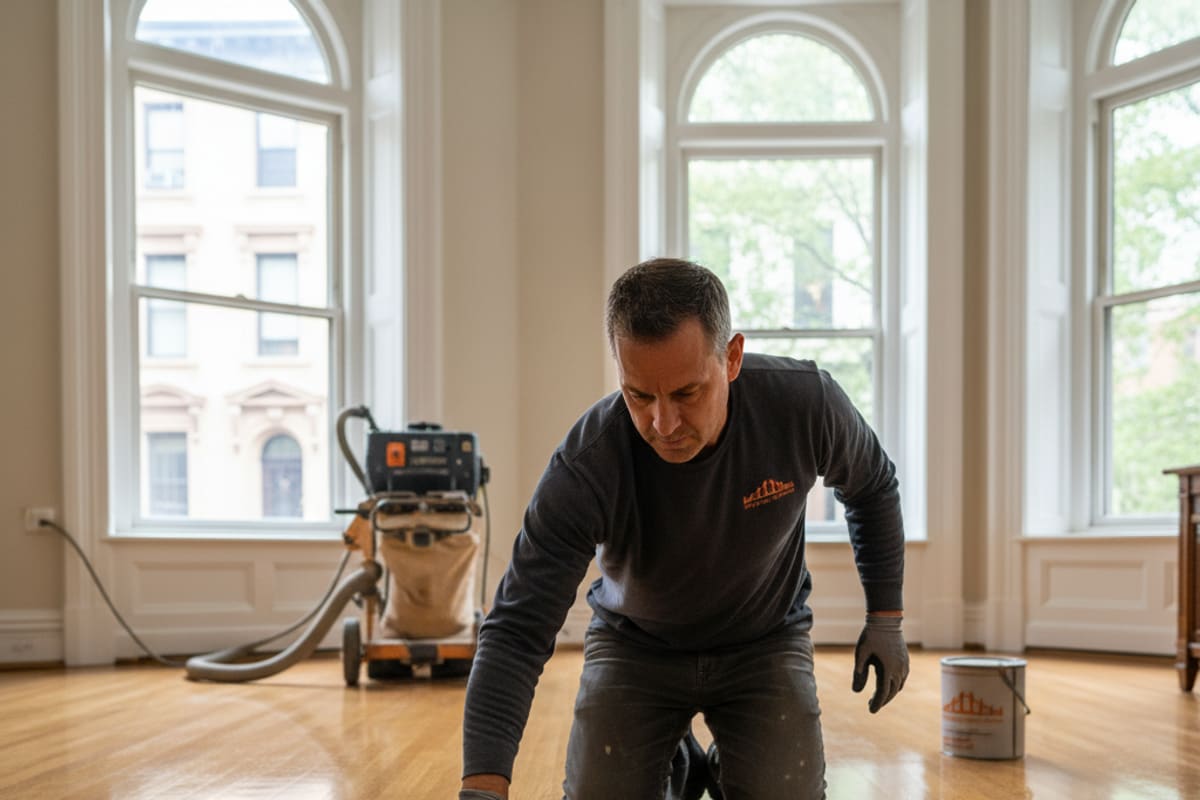 Skilled craftsman applying the final coat of finish to a freshly sanded hardwood floor.