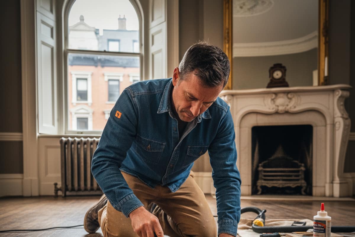 Close-up of a skilled craftsman repairing a section of hardwood flooring, blending new wood with old.