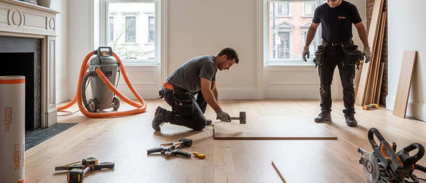 Bright, modern living room with newly installed wide-plank hardwood floors, showcasing a flawless finish.