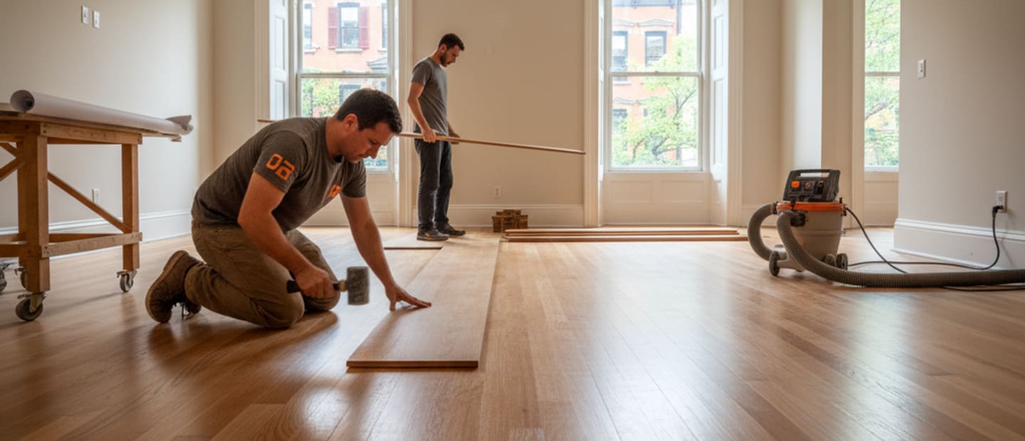 Spacious, modern living room with new hardwood floor installation, ready for furniture