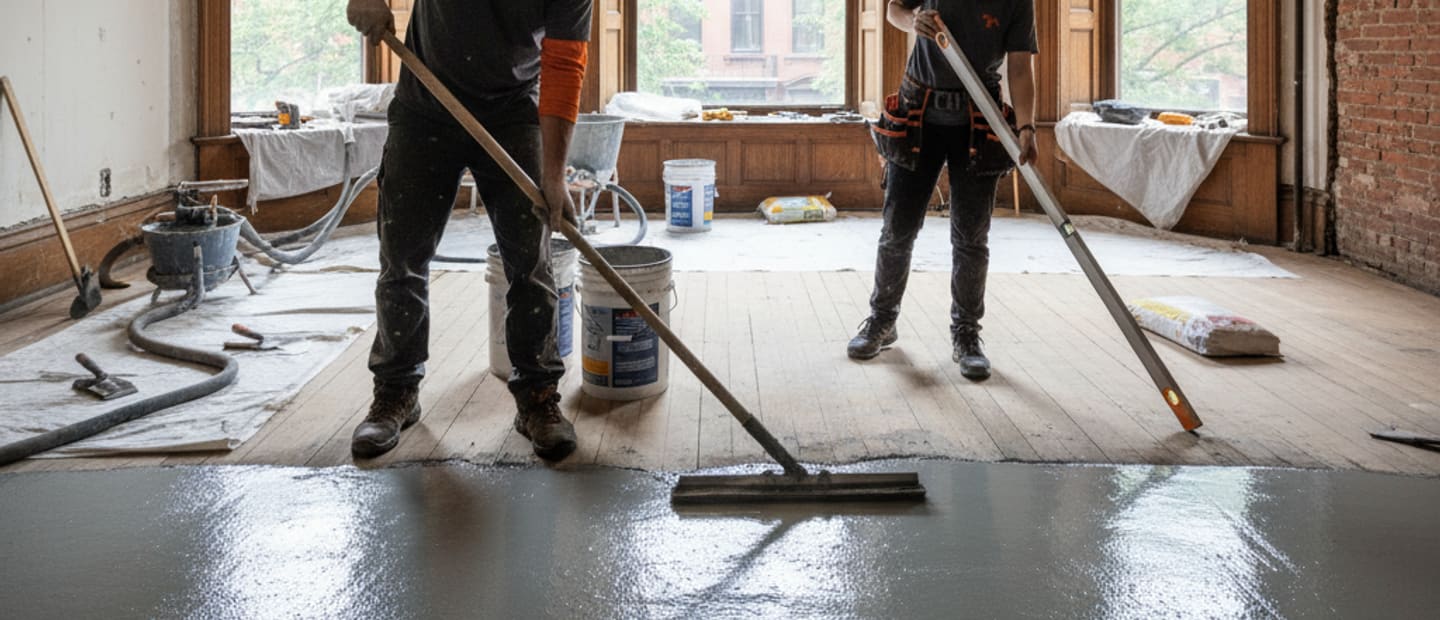 Professionals performing floor leveling on a large area, ensuring a smooth base for new flooring