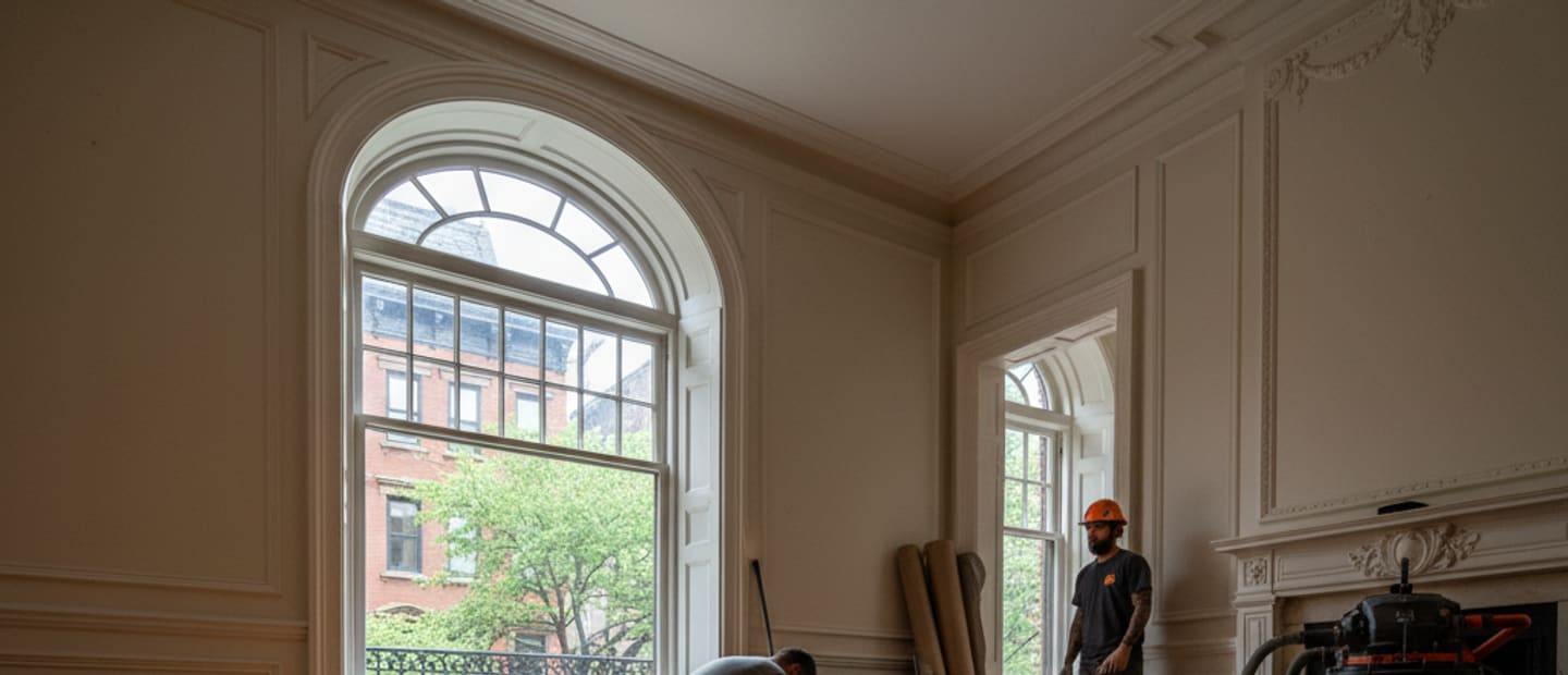 A luxurious, shiny hardwood floor after professional maintenance, showing reflections from a bright window.