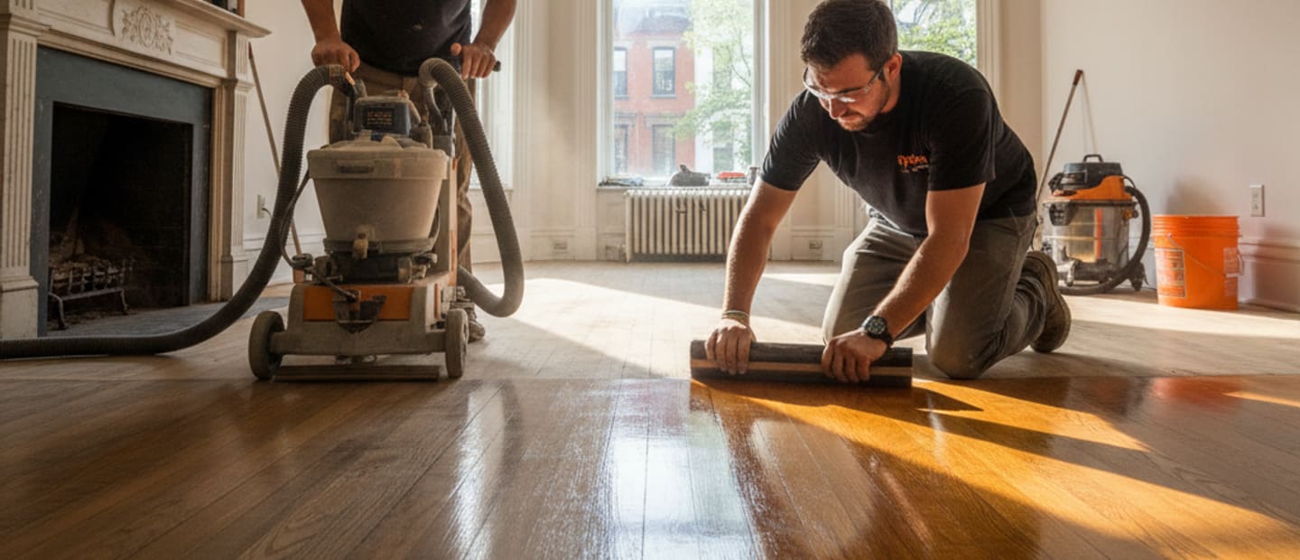 A beautifully refinished hardwood floor glowing with a luxurious, flawless finish in a New York City home.