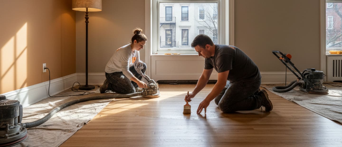 Beautifully repaired hardwood floor with light shining on its smooth, restored surface in a spacious New York home.