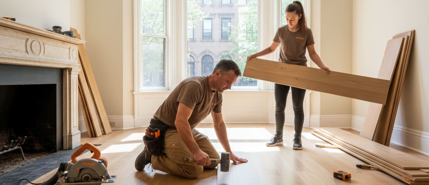 Newly installed hardwood floor in a Brooklyn home, gleaming with natural light
