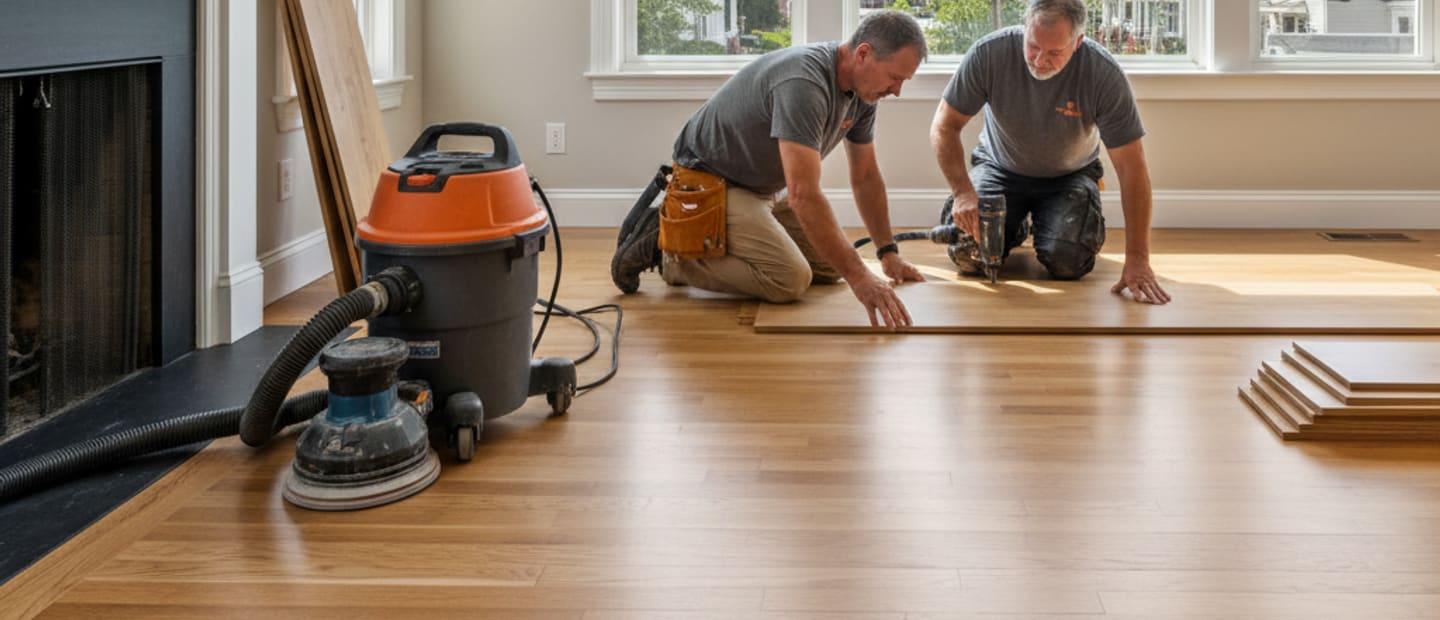 Newly installed hardwood floor in a bright Staten Island home living room.