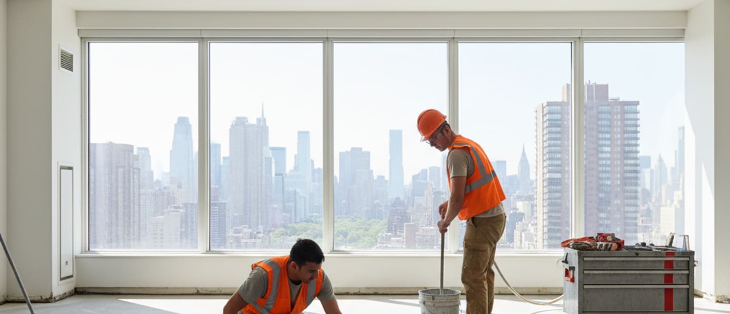 A newly leveled subfloor in a spacious Manhattan apartment, awaiting new hardwood installation, with skyline views.