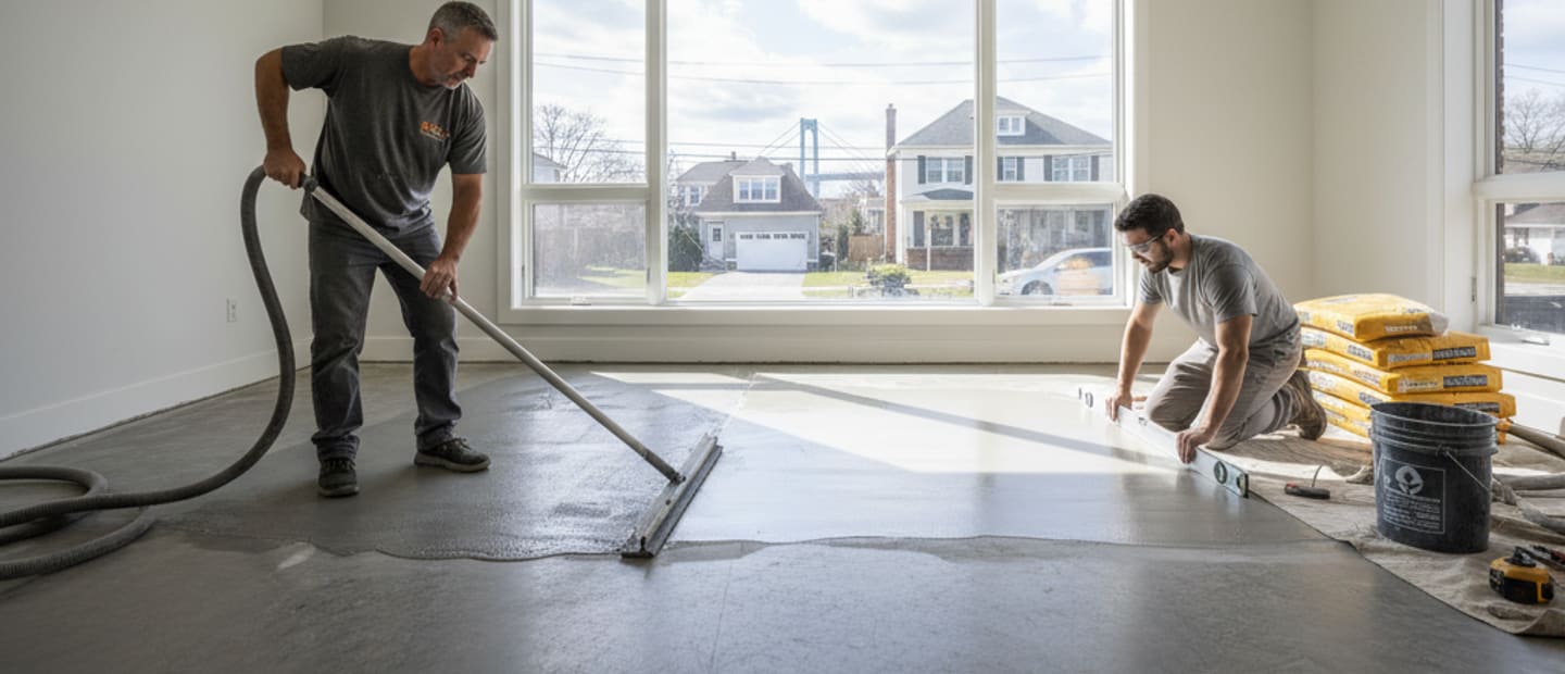 Modern Staten Island home interior with professional floor leveling tools, ready for hardwood installation.