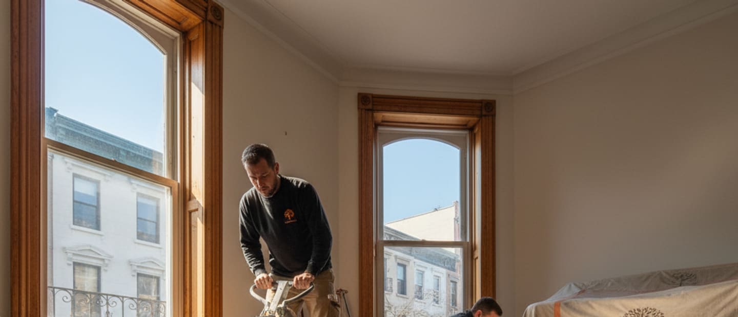 Polished hardwood floor in a bright Brooklyn home, showcasing quality floor maintenance.