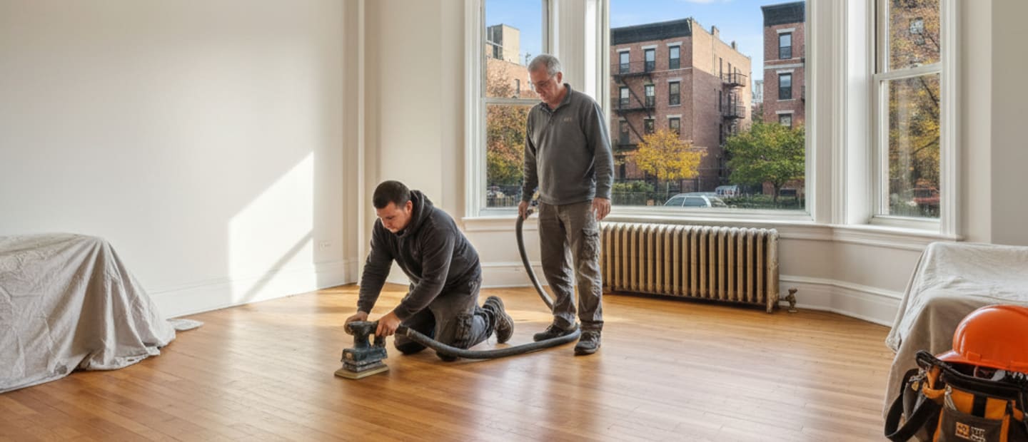 Professionally refinished hardwood floor in a Bronx home, showcasing a luxury finish.