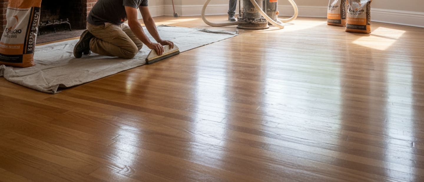 Newly refinished hardwood floor reflecting light in a Brooklyn brownstone living room, showcasing a luxury finish.