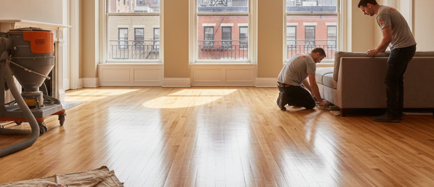 Newly refinished hardwood floor glowing in a Manhattan apartment with city views