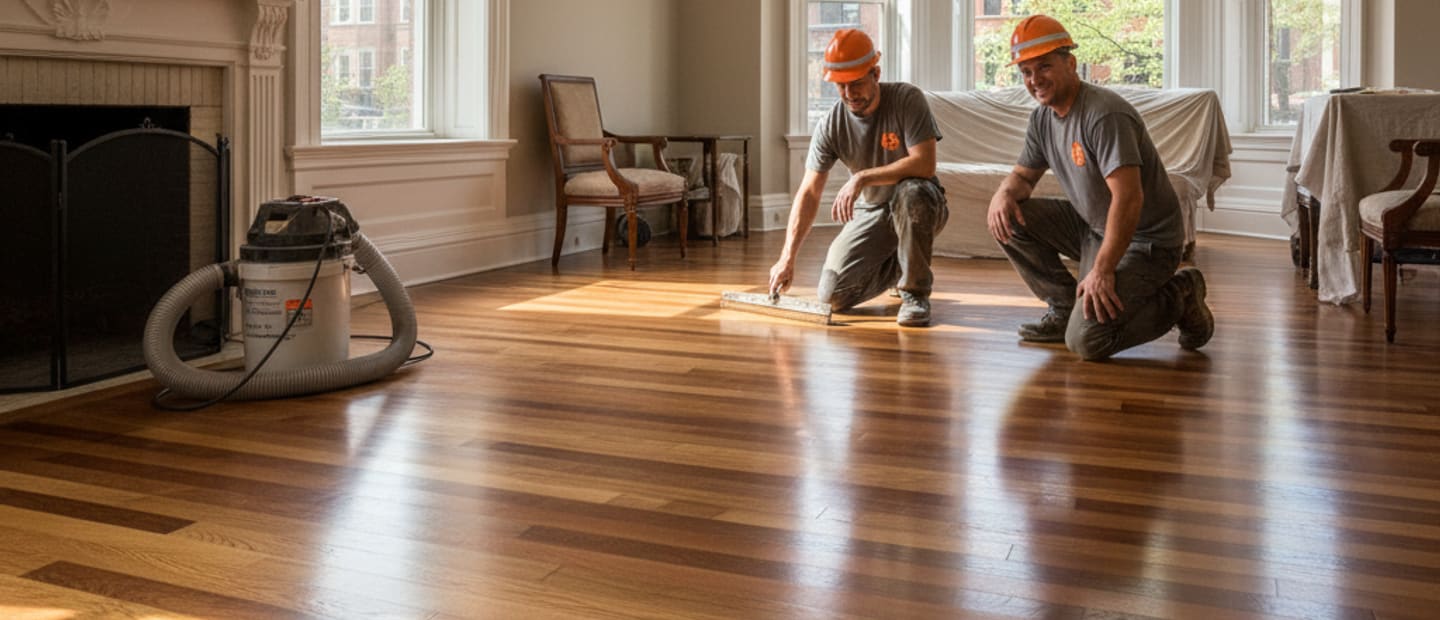 Newly refinished hardwood floor in a Queens home, gleaming with natural light.