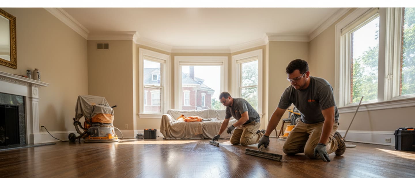 Beautifully refinished hardwood floor stretching into a bright living space in a Staten Island home