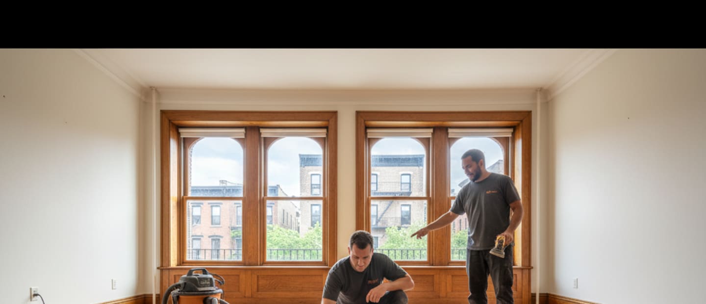 Newly repaired and refinished hardwood floor in a bright, modern Bronx home
