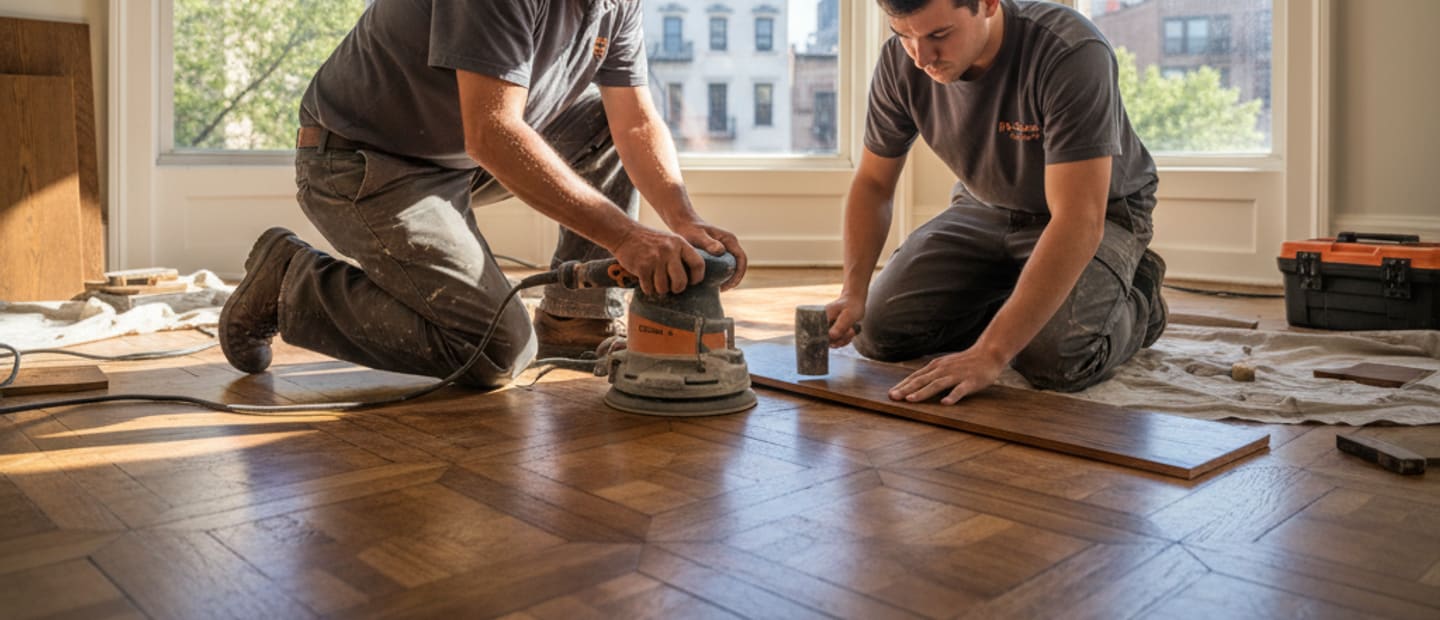 Beautifully repaired hardwood floor reflecting sunlight in a stylish Manhattan apartment, showcasing expert craftsmanship