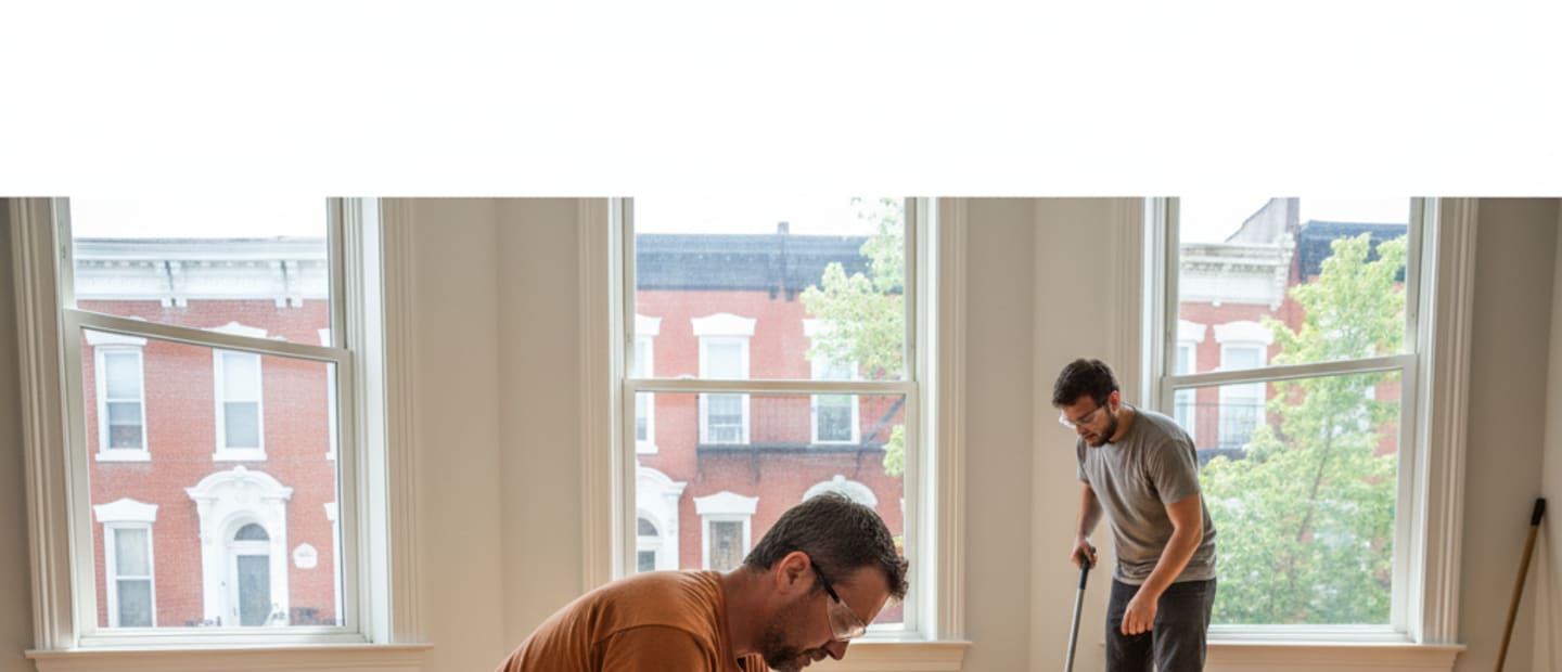 Beautifully restored hardwood floor in a sunlit Queens living room, showcasing expert floor repairing.