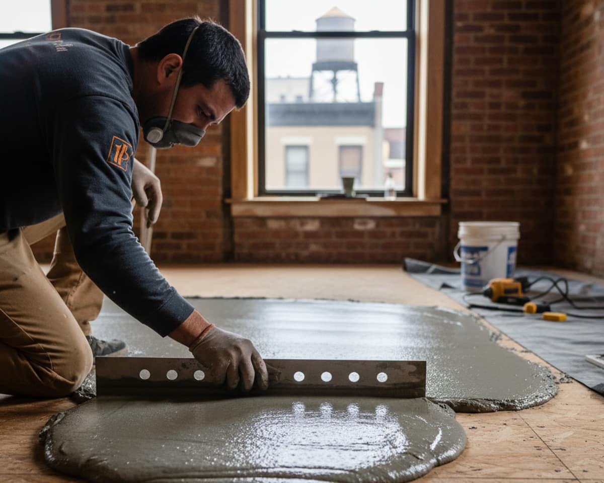 Close-up of a worker applying self-leveling compound to a subfloor using a trowel for precise distribution