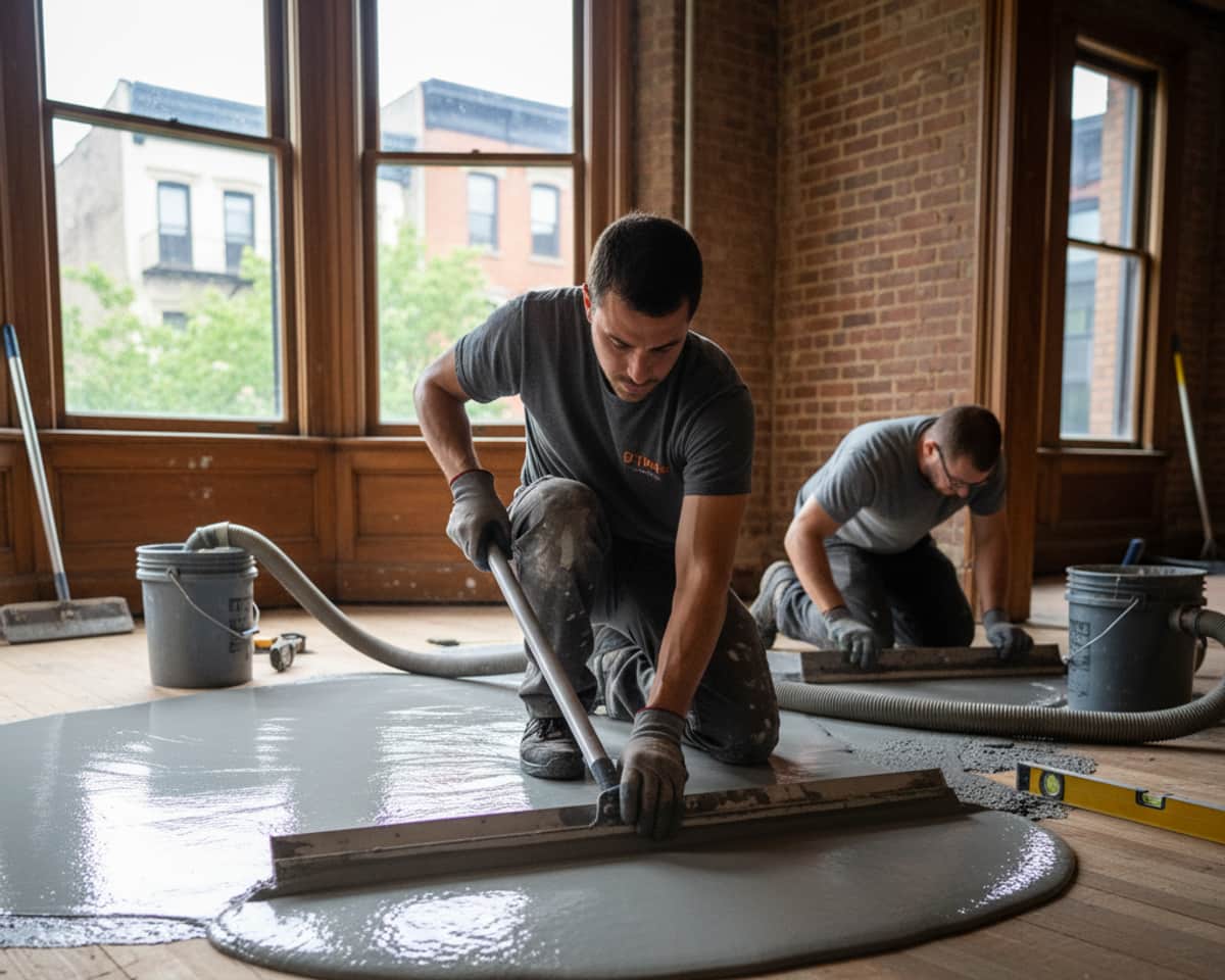 A craftsman applying floor leveling compound to a subfloor, creating an even, stable base for new flooring.