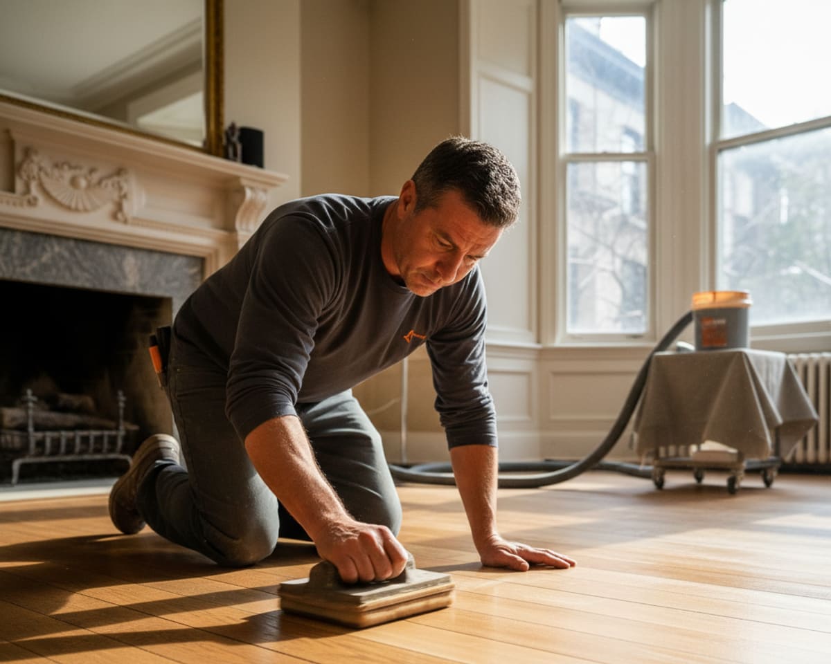 A professional technician carefully applying a floor polishing agent to a hardwood floor, ensuring an even and brilliant finish.