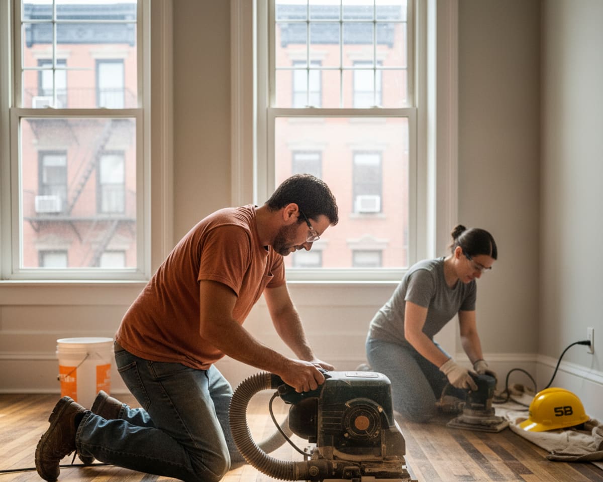 Craftsmen thoroughly sanding hardwood floors with a dustless system, preparing for a new finish.