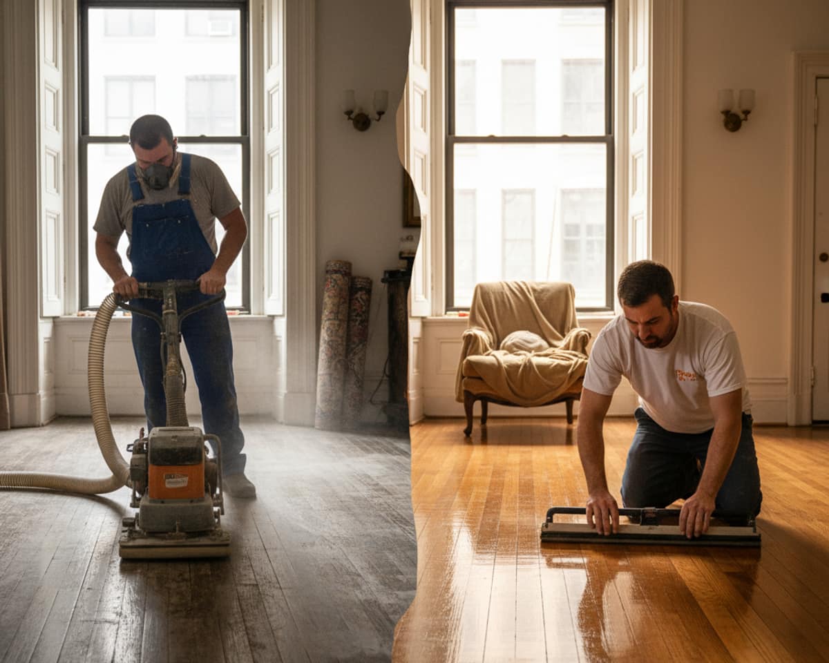 Before and after comparison of a hardwood floor, showing the dramatic transformation after refinishing.