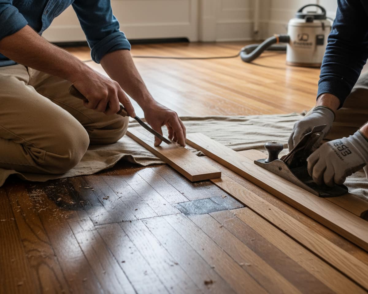 A close-up shot of a repaired water damaged wood floor, showcasing the smooth blend after restoration.